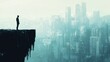 © Rattana - Man Standing on Edge of Cliff Overlooking Futuristic City Skyline at Dawn