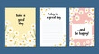 © Jahanara - Set of three vertical greeting cards or notepad pages featuring white daisies on yellow pink and white backgrounds with motivational text.