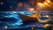 © rasolmar - A conceptual scene of a single paper boat, covered in written script and internal circuit board patterns, floating on calm ocean water under a vast, deep space view of a vibrant, colorful galaxy with
