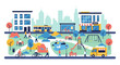 © Ganjar - Vibrant City Park Life Illustration: People Enjoying Urban Green Space with Buildings, Bus, and Cafe