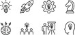 © Sumaiya - Minimalist black outline business innovation icon set featuring lightbulb rocket ship gear chess knight brain team presentation and human head