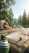 © Margarita Ratatosk - Insect repellent spray forming a protective barrier against mosquitoes and tick on camping gear. Chemical pest control shield for outdoor safety. Protection from biting insect parasite.