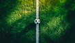 © ณัฐพล ตีระพิมลจันทร์ - Soccer ball on the white touchline of a green football field at stadium under bright sunlight, perfect for sports training, match competition, or athletic championship concepts