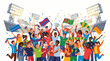 © Ironmen - Diverse group of ecstatic football fans celebrating a victory with flags, confetti, and a trophy under stadium lights
