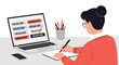 © Syamil Studio - Professional advertising copywriter reviewing creative marketing copy and brand strategy documents on a desk with a laptop in a modern office workspace vector illustration.