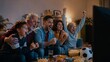 © Fotostock32 - Family and friends cheering while watching soccer match on TV at home. Sports fan celebration, football viewing party and entertainment concept.