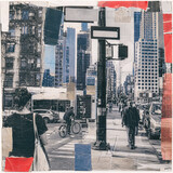 Urban collage with bustling pedestrians and cyclists in a cityscape scene.