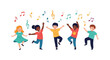 © Runtinah - Joyful group of people dancing together with colorful music notes and lively movement.
