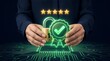 © Dhamar - A person holding a secure padlock and a glowing quality certification seal with five star rating symbolizing digital protection and high service standards