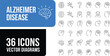 © Safa - Collection of 36 minimalist line art icons depicting Alzheimer's disease symptoms, brain health, and memory loss concepts in vector format.