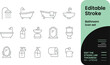 © Safa - Modern flat design bathroom essentials icon set in editable stroke style, vector line art for home decor and interior design.