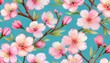 © Valeria - delicate watercolor cherry blossom seamless pattern on aqua blue background cherry blossoms floral pattern spring flower