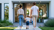 © Kateryna Arkhypova - Rear view of a family entering a modern home, residential lifestyle concept, family home photography, welcoming architecture visualization, defocused background, with copy space