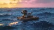© Rayn - A small dog plush toy floating on a wooden raft in the vast open sea during a rainfall, with a dramatic sunset sky in the background as a concept of hope and survival.