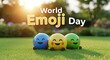 © MDSOFIUL - World emoji day festive banner with colorful 3D smiley balls resting on green grass under sunset lighting outdoors colorful celebration happiness emotions expressions