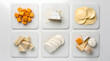 © wikanda - Cheese Platter Variety: A delightful assortment of six distinct cheeses, presented in various forms like cubes, slices, and wedges, offering a culinary exploration of textures and flavors.