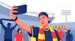© Haroh - Young man taking a selfie at a sports stadium.