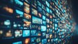 © Ndoomyim - Digital display wall of multiple video screens showing global information feeds and media broadcasting technology mosaic background.