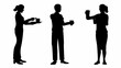 © TaqiAura - Silhouettes of diverse women and man holding coffee cups and takeout containers in casual attire illustrating coffee breaks social interaction and modern lifestyle themes