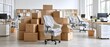 © TANATPON - Bright office with wrapped chairs and cardboard boxes during business moving and relocation