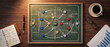 © CGI STOCKS - Top down view of a soccer tactics board on a wooden desk with a notebook and coffee.