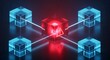 © Riski Digital Studio - Red glowing cube with warning symbol connected to blue cubes