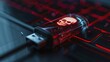 © Nikita - USB flash drive with glowing skull symbol plugged into laptop keyboard. Concept of cyber security threat, computer virus, data theft and hacking. Digital malicious software danger.