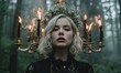 © Alexei - Young woman with short blonde hair wearing black lace dress stands in forest with a vintage chandelier adorned with candles and flowers above her head