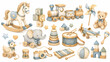 © PearlS - Watercolor vintage baby boy toys vector clipart set with rocking horse, wooden train, blocks, and teddy bear