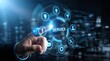 © Aqeela - A finger presses the glowing blue 'service' icon on a futuristic digital interface with various icons.