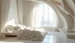 © kumala - Modern, bright bedroom with a bed, table, window and curved architectural features. Gentle light and shadows