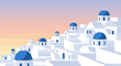 © krisna - A panoramic view of iconic white cubic buildings with blue domed roofs, characteristic of Greek island architecture, set against a soft gradient sky at dawn