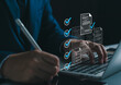 © AKACHA - Businessman with laptop and online survey or internal business audit. quality control, consumer feedback evaluation, regulatory auditing, human resource performance review, tasks management tracking.