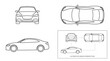 © jackartist - Simple black line illustrations showing cars from front, top, and side views, representing automotive design perspectives, vehicle visualization, and transportation concept in minimal style.