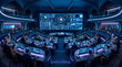© chonchon - Mission control team monitoring space operations on large digital screens in futuristic command center