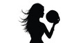 © M - Woman silhouette holding a round object displays a conceptual visual for health and wellness themes while providing ample copy space for promotional text in a clean studio environment.