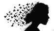 © M - Woman silhouette features a flowing stream of butterflies emerging from her hair to represent transformation and mental freedom in this artistic graphic design.