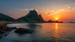 © Honey - A serene landscape of a rocky coastline at sunset with a mountainous backdrop