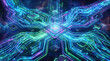 © mangolovemom - Futuristic quantum computer chip circuit network glowing data technology Neon circuit board around central computer chip with flowing data lines, cosmic background, sci fi digital network concept