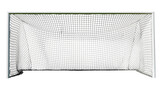 White metal soccer goal with white net, isolated on transparent background