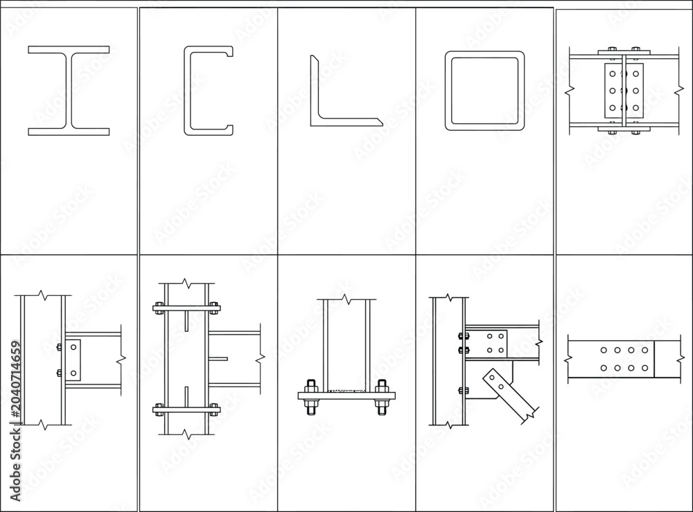 Structural steel detail vector set. CAD section symbols of I beams ...