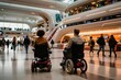 © Viktor - Two people with electric wheelchairs move through futuristic airport hall. Diverse travelers navigate modern transit hub with sleek architecture. People with disability travel with ease.