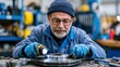 © spyrakot - Service technician inspecting brake rotor with handheld work light in automotive repair bay