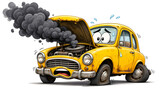 Yellow cartoon car with smoking engine and flat tires