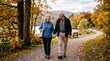 © PREEDA - Senior couple walking hand in hand on autumn park path, smiling and enjoying nature, emotional connection, outdoor leisure, golden leaves, peaceful atmosphere