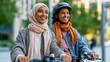 © Kateryna - A pair of Middle Eastern young friends in soft modern attire takes softly a bright electric scooter ride together through a calm modern park in natural daylight friends scooter