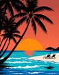 © Rashed - A tropical beach scene at sunset, rendered in a flat, illustrative vector art style. Silhouetted palm trees dominate the left side of the frame