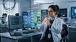 © Mey - A female scientist intently focuses on a computer screen displaying a complex neural network diagram.