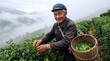 © pattararudee - Elderly Chinese Tea Farmer Harvesting Fresh Leaves in Misty Mountain Plantation