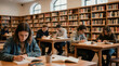 © Lubov - Students sit at tables in library room writing notes. People study books, learn information, research in university. Rows of shelves with many books surround them.